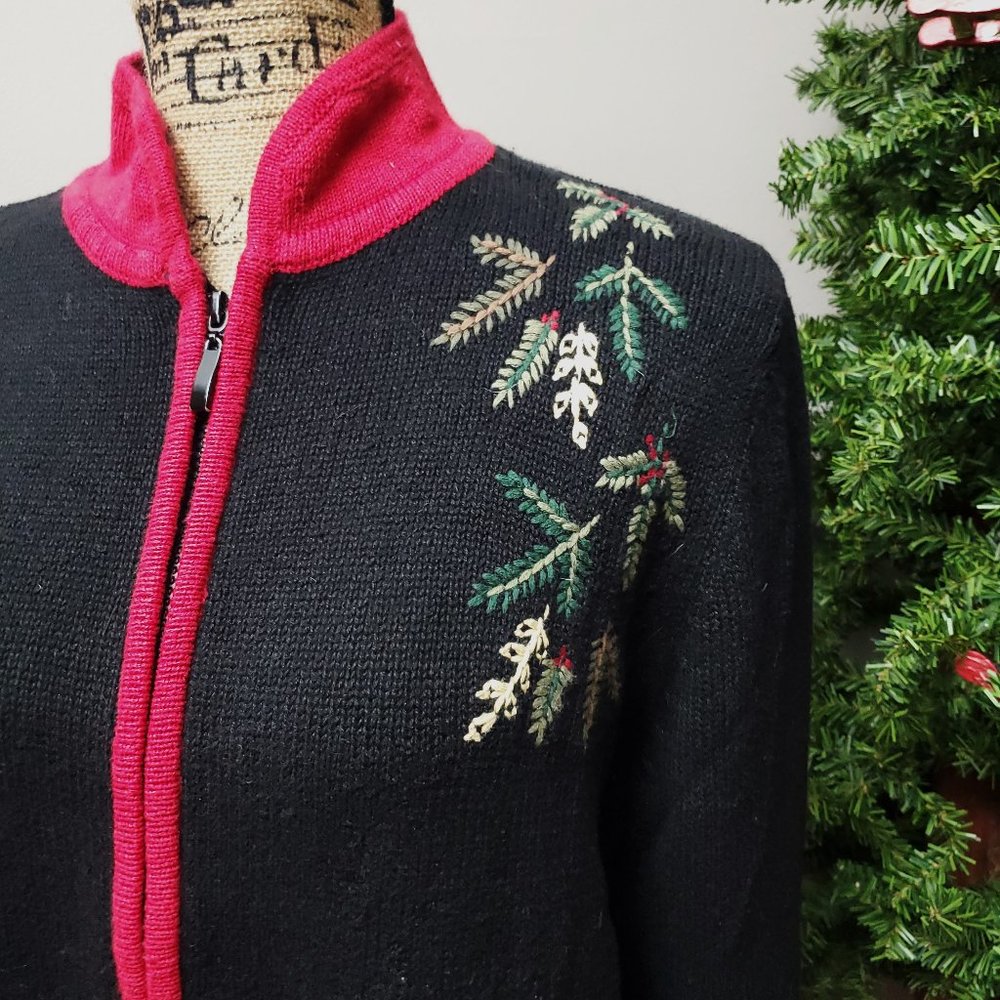 Vintage BRECKENRIDGE Womens Large Embroidered Knit Holly Christmas Zip Cardigan